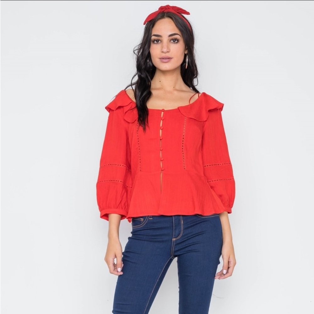 Tomato Red Crochet Trim Button Down Boho Top
